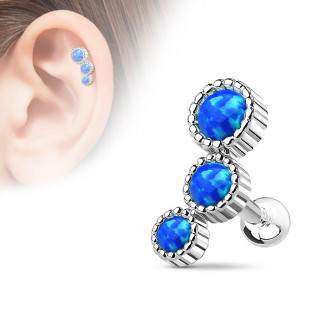 Piercing hlix  trio d'opales asymtriques bleues