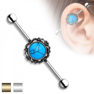 Piercing industriel à ornement vintage en laiton avec turquoise au centre