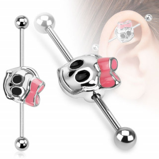 Piercing industriel à tête de mort kawaii et noeud rose