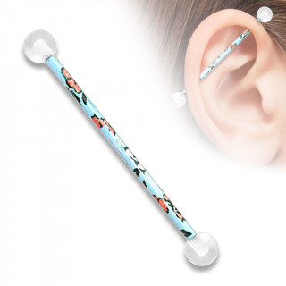 Piercing industriel  tige acier avec dcor floral et boules en acryliques