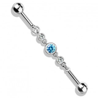 Piercing industriel  trio de strass enchains - Clair et aqua