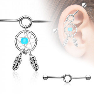 Piercing industriel avec attrape rves  plumes et perle bleue