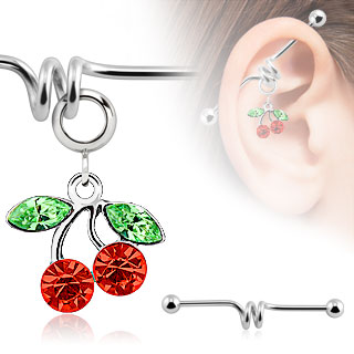 Piercing industriel avec pendentif  cerises et feuilles