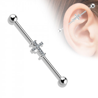 Piercing industriel  croix latine pave de cristaux