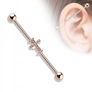 Piercing industriel cuivr  croix latine pave de cristaux