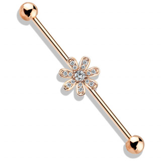 Piercing industriel cuivré fleur à sept pétales pavés de strass