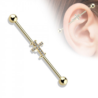 Piercing industriel dor  croix latine pave de cristaux