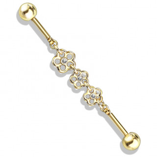 Piercing industriel dor  trio de fleurs enchaines