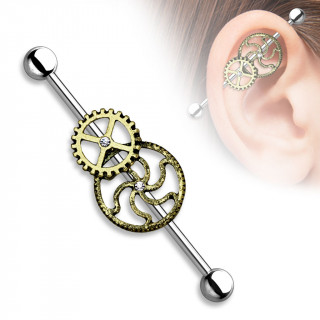 Piercing industriel en acier style steampunk  mcanisme en laiton vieilli