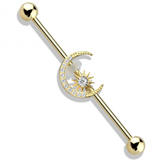 Piercing industriel plaqu or  croissant lunaire et toile strass