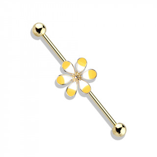 Piercing industriel plaqu or  fleur fantaisie emaille jaune