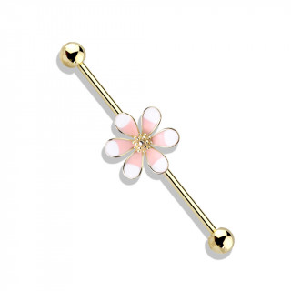 Piercing industriel plaqu or  fleur fantaisie emaille rose