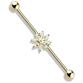 Piercing industriel plaqu or jaune  fleur zirconiums en marquises