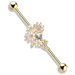 Piercing industriel plaqué or à joli bouquet de fleurs