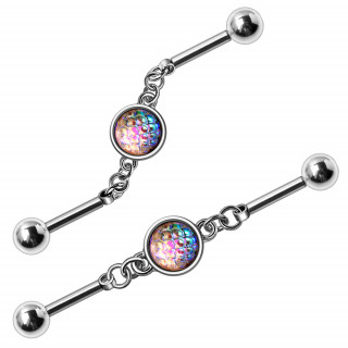 Piercing industriel segment  cabochon arc en ciel enchaine