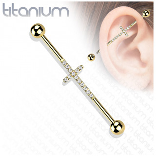 Piercing industriel Titane Doré à croix de zirconiums