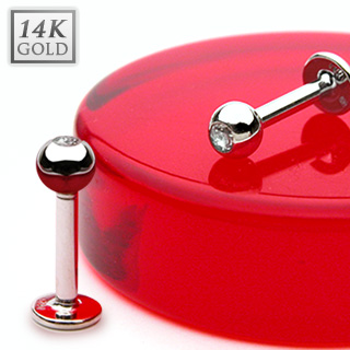 Piercing labret  boule en or blanc 14 carats serti d'un zirconium