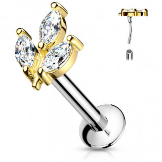 Piercing labret acier et doré à 3 feuilles strass type "Push In"