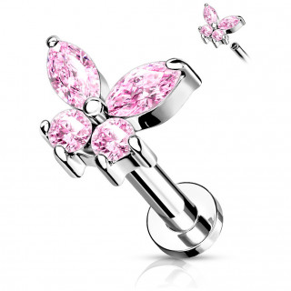 Piercing labret acier  papillon tincelant (filetage interne) - Rose