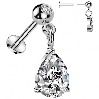 Piercing labret � boule push-in sertie et goutte de zirconium (l�vre, tragus, h�lix...)