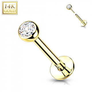 Piercing labret boule zirconium en Or Jaune 14 carats type "Push In"