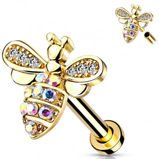 Piercing labret / cartilage  abeille strass - Plaqu or jaune