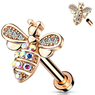 Piercing labret / cartilage  abeille strass - Plaqu or rose