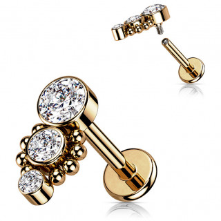 Piercing labret Cuivr  trio de zirconiums asymtriques bords de perles