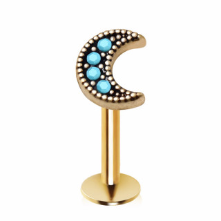 Piercing labret doré à croissant de lune antique