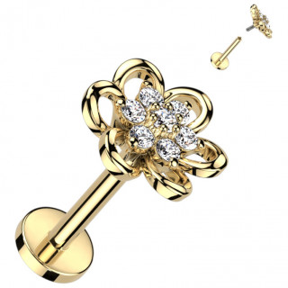 Piercing labret dor double fleur sertie  filetage interne (lvre, lobe, helix...)