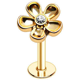 Piercing labret dor petite fleur  pierre claire (lvre, tragus, hlix)