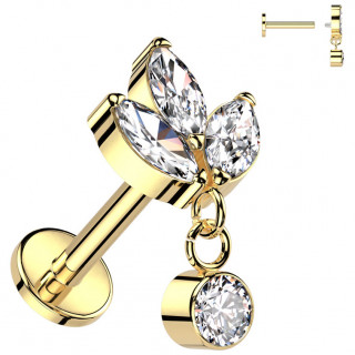 Piercing labret dor Titane trio de feuilles zirconiums et pendentif (lvre, hlix, lobe...)