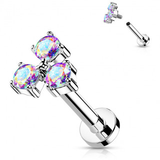 Piercing labret en acier  trio de strass Aurore Borale (filetage interne)