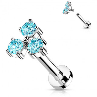 Piercing labret en acier  trio de strass bleus aqua (filetage interne)