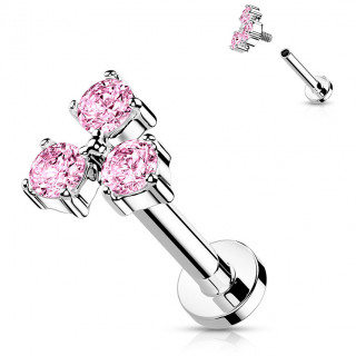 Piercing labret en acier  trio de strass roses (filetage interne)