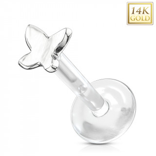 Piercing labret en or blanc 14 carats avec papillon et tige bioflex