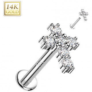 Piercing labret en Or blanc 14 carats  croix latine pave de zirconiums