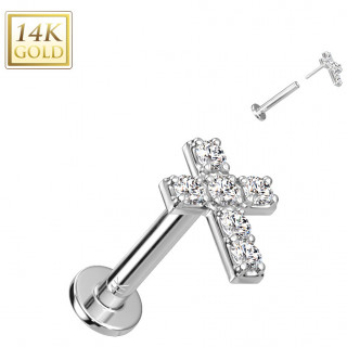 Piercing labret en or blanc 14 carats à croix zirconiums