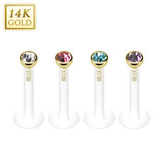 Piercing labret en or 14 carats  zirconium rond et tige bioflex