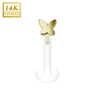 Piercing labret en or 14 carats avec papillon et tige bioflex