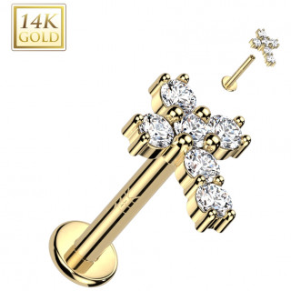 Piercing labret en Or jaune 14 carats  croix latine pave de zirconiums