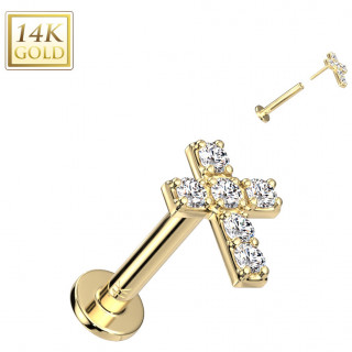 Piercing labret en or jaune 14 carats  croix zirconiums