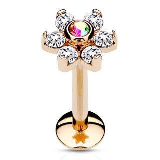 Piercing labret fleur cuivr  strass clairs et gemme aurore borale centrale