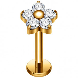 Piercing labret fleur dor�e en Titane � p�tales strass clairs (l�vre, h�lix, tragus)