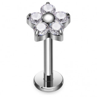 Piercing labret fleur en Titane � p�tales strass clairs (l�vre, h�lix, tragus)