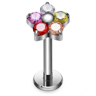 Piercing labret fleur en Titane � p�tales strass en arc en ciel (l�vre, h�lix, tragus)