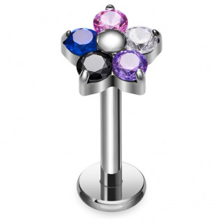 Piercing labret fleur en Titane � p�tales strass multicolores (l�vre, h�lix, tragus)