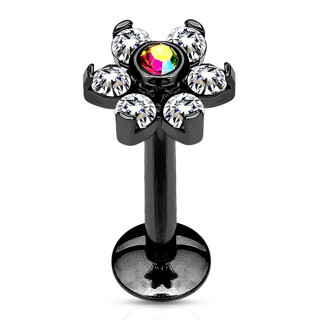 Piercing labret fleur noire  strass clairs et gemme aurore borale centrale