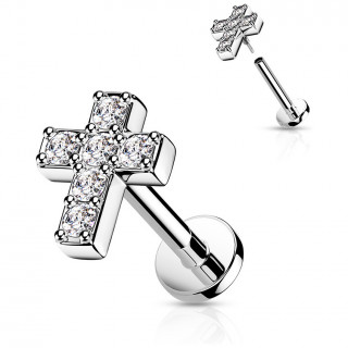 Piercing labret (hlix, flat...) argent  croix pave de strass (filetage interne)