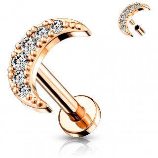 Piercing labret  lune strass plaqu or rose (filetage interne)